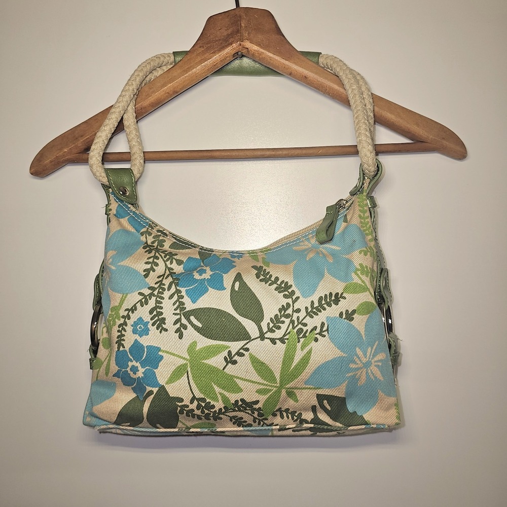 Vintage Tommy Hilfiger Blue/Green Floral Canvas Hobo Style Bag - Rope  - L7